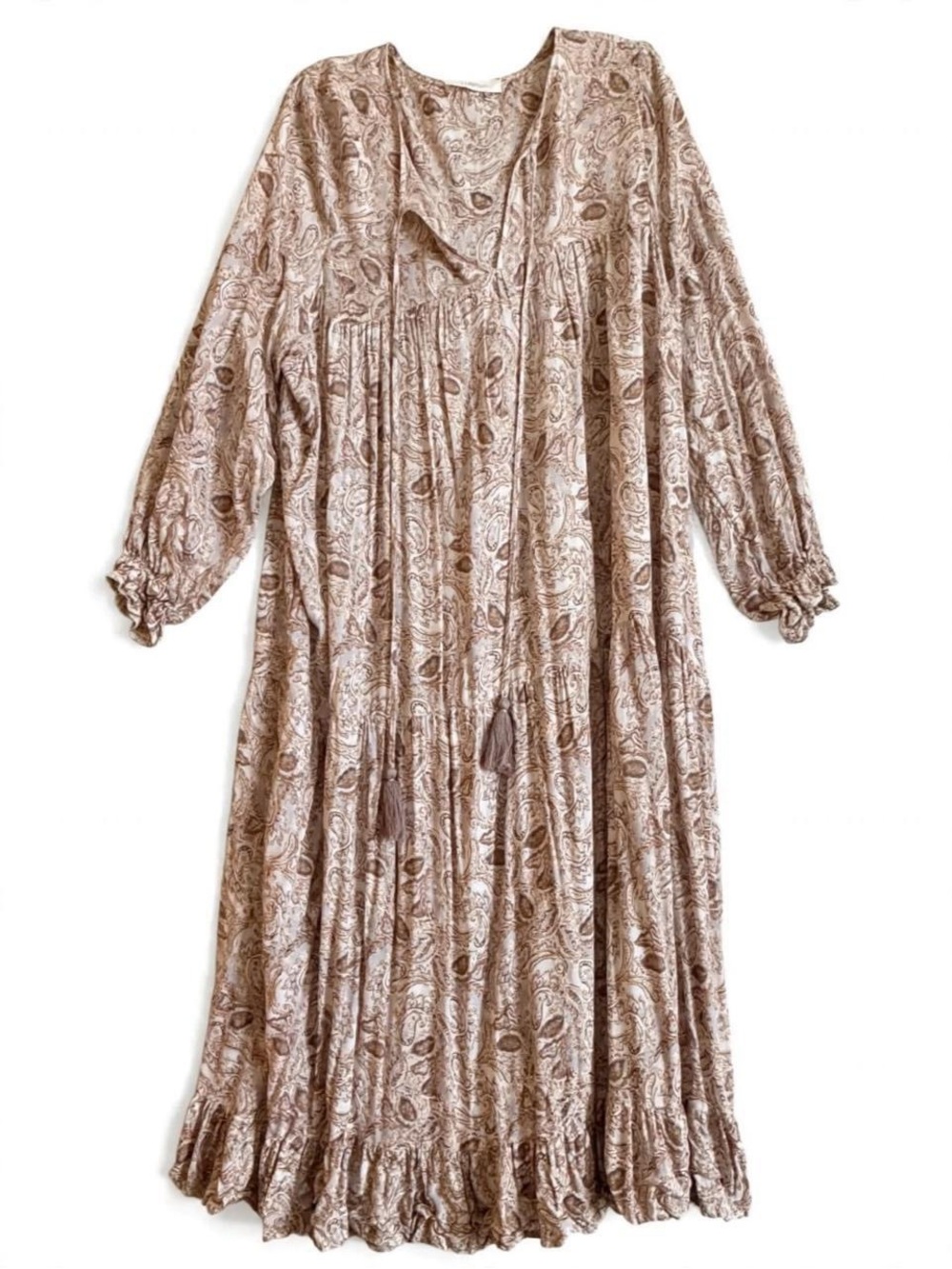 VICI Collection Boho Paisley Maxi Dress XL Beige Brown Tassel Tiered + Slip - Picture 2 of 7